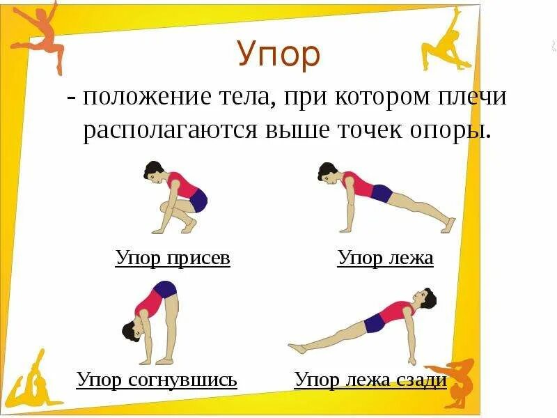 Как называется гимнастические упражнения. 1 Упор присев 2 упор лежа 3 упор присев. Упражнения в упоре лежа. Упор это в физкультуре.