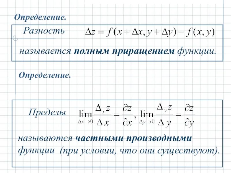 Полное приращение. Частные приращения и частные производные функции двух переменных. 2. Частные производные функции нескольких переменных.. Функция двух переменных. Частные и полное приращения функции.