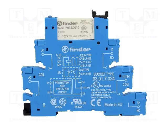Реле 34.51.7.024. Интерфейсный модуль 38.51.7.012.0050 1co, 6a, 12vdc (Finder). Интерфейсное реле Finder 34.51.7.024.0010. Finder 34.51.7.024.0010 (345170240010). 6 12 0 51
