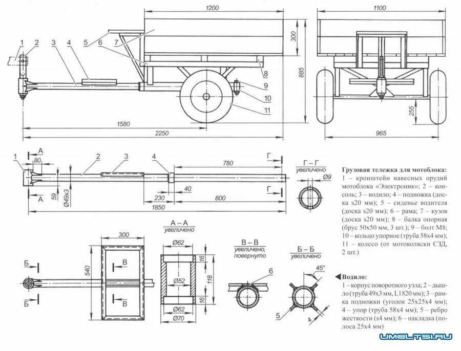 Чертежи на прицеп - тележку ТМ-250 для мотоблока. Чертежи прицепного устройства прицепа к мотоблоку. Чертежи телеги для мотоблока из балки 2109. Схема телеги