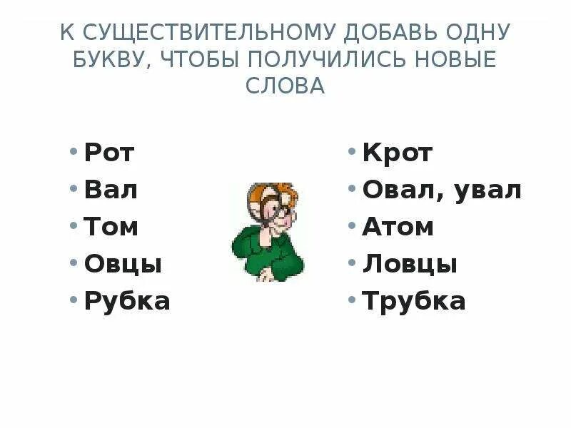 Рот другими словами. Добавить одну букву чтобы получилось новое слово. Убрать одну букву в слове чтобы получилось новое слово. Замени одну букву чтобы получилось новое слово. Убрать одну букву чтобы получилось другое слово.