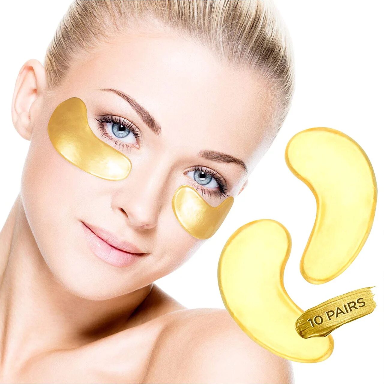 24k Gold Collagen Eye Mask. Патчи для глаз. Девушка с патчами. Маска под глаза.