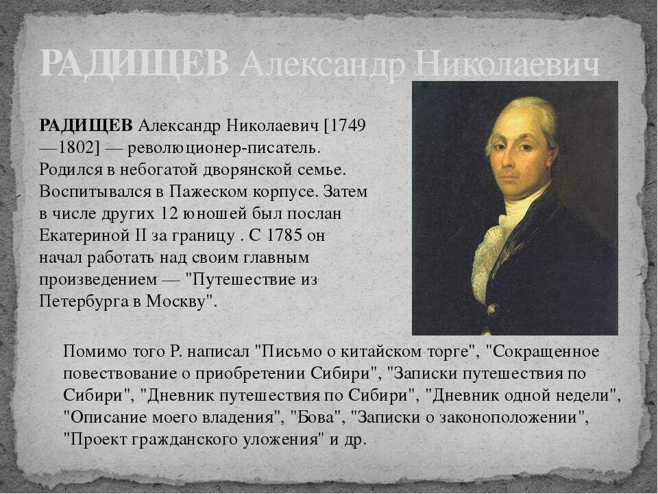 Радищев создатель какого памятника культуры. А.Н. Радищев (1749-1802).