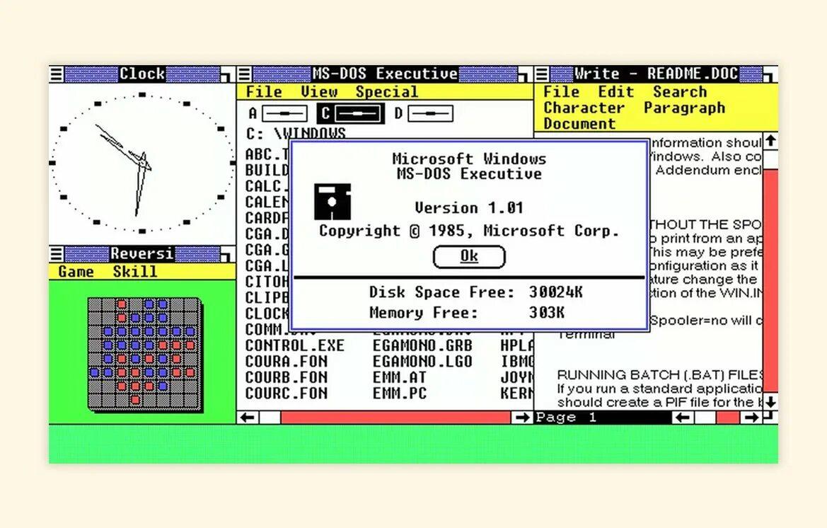 Получить windows 1. Windows 1.0 - 20 ноября 1985 года. интерфейс windows 1.01. интерфейс операционной системы windows 1.0. windows 1.0 1985 характеристика.