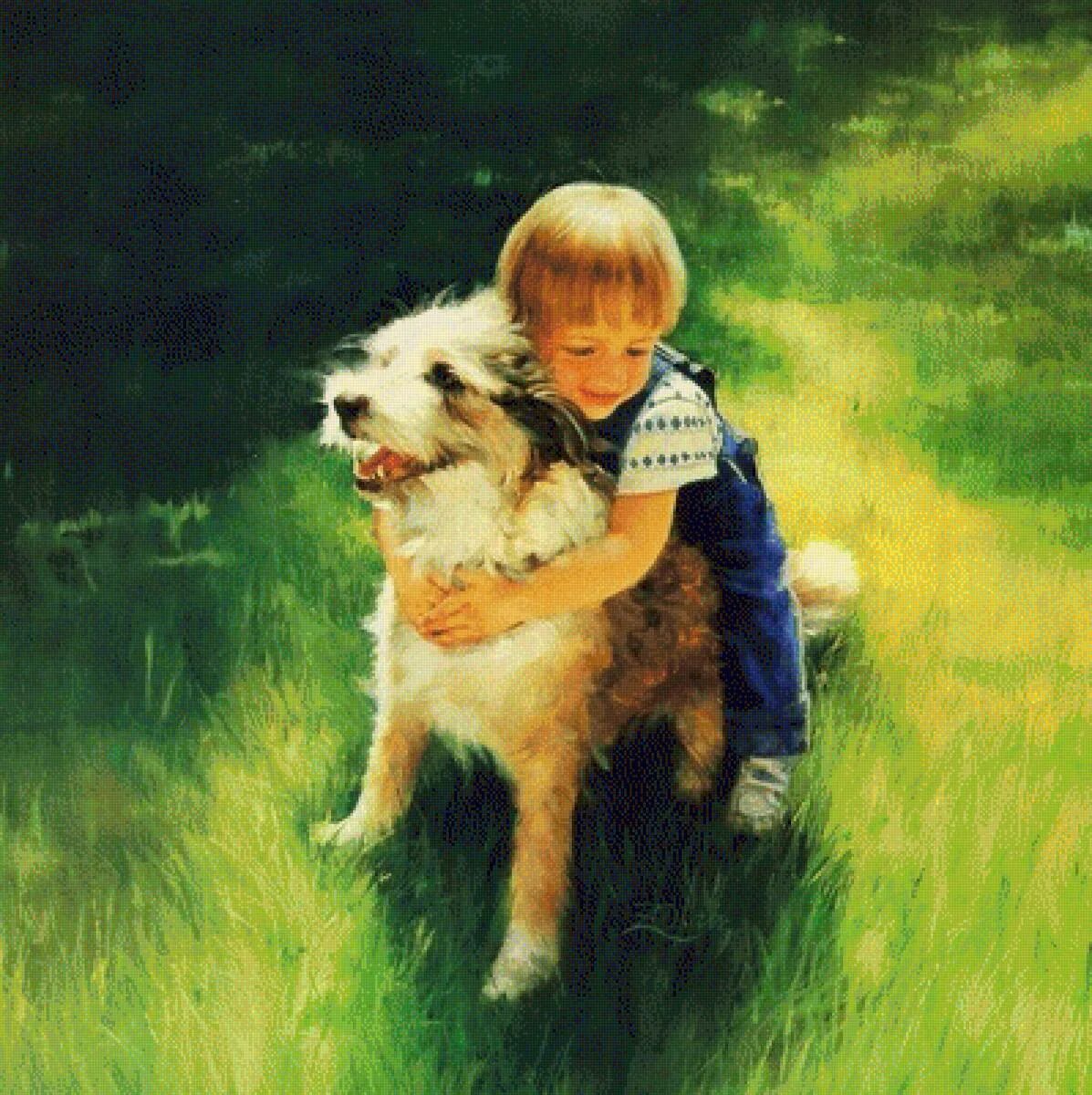 Мальчик играющий с собакой. Художник Дональдо золано.