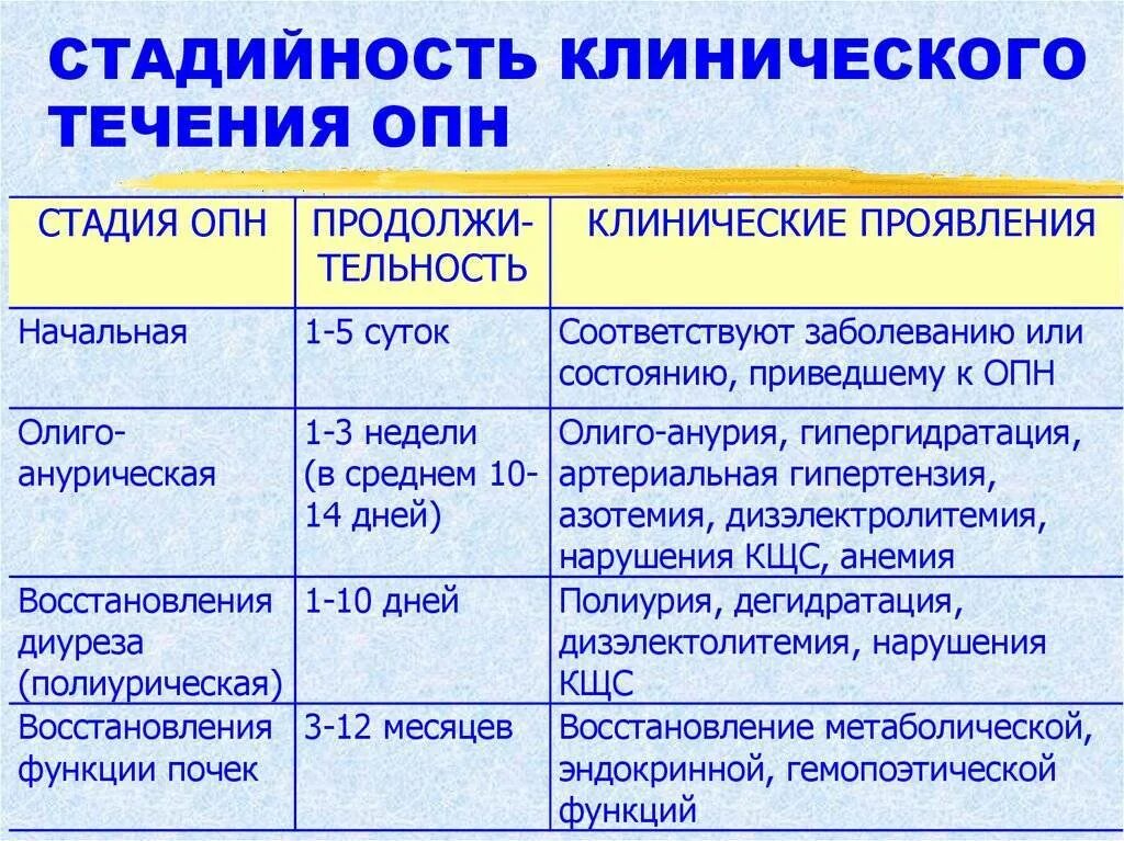 Клиническое течение ОПН. Клинические проявления почечной недостаточности. Стадии острой почечной недостаточности. Острая почечная недост стадии. Опн клинические