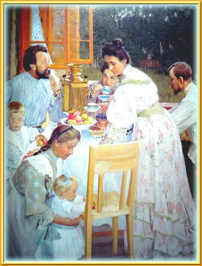 Семейные традиции чаепитие. Б. М. Кустодиев. На террасе. 1906. «На террасе» Бориса Кустодиева.