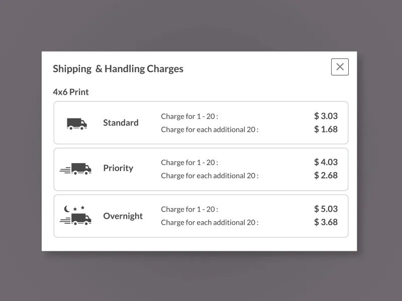 Handling charges. Shipping charges. попап ui.