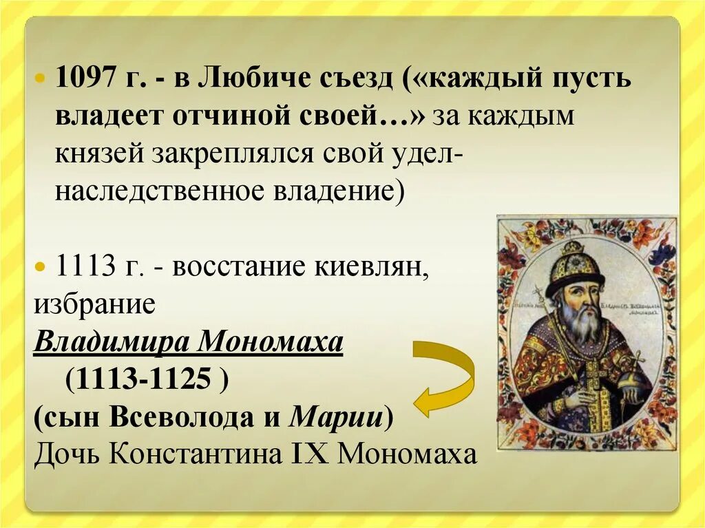 Русь в середине 11 начале 12. Избрание Владимира Мономаха. Пусть каждый владеет отчиной своей.