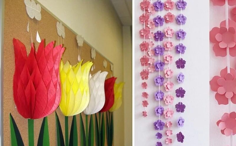 Украсить стену в детском саду. Украшения для стены. Бумажные цветы для украшения интерьера. Подвесные украшения в комнату. Объемные цветы на стену.