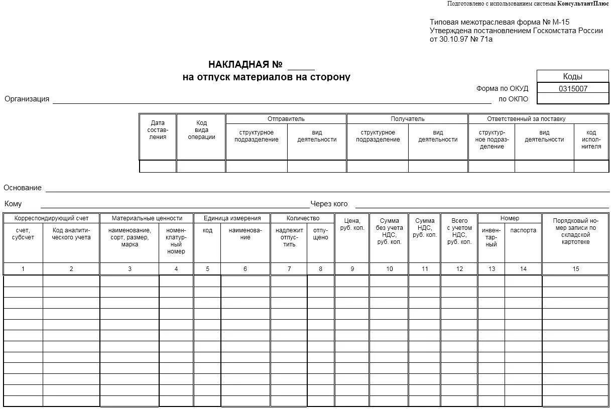 Накладной на отпуск материалов на сторону форма м-15. Форма n м-15 накладная на отпуск материалов на сторону. М-15 накладная на отпуск материалов. Накладная на отпуск материалов на сторону бланк образец.