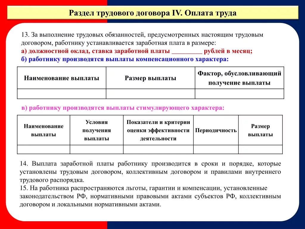 Не предусматривает вознаграждение договор. Раздел оплата труда в трудовом договоре. Льготы трудового договора. Что устанавливается коллективным договором. Разделы трудового договора.