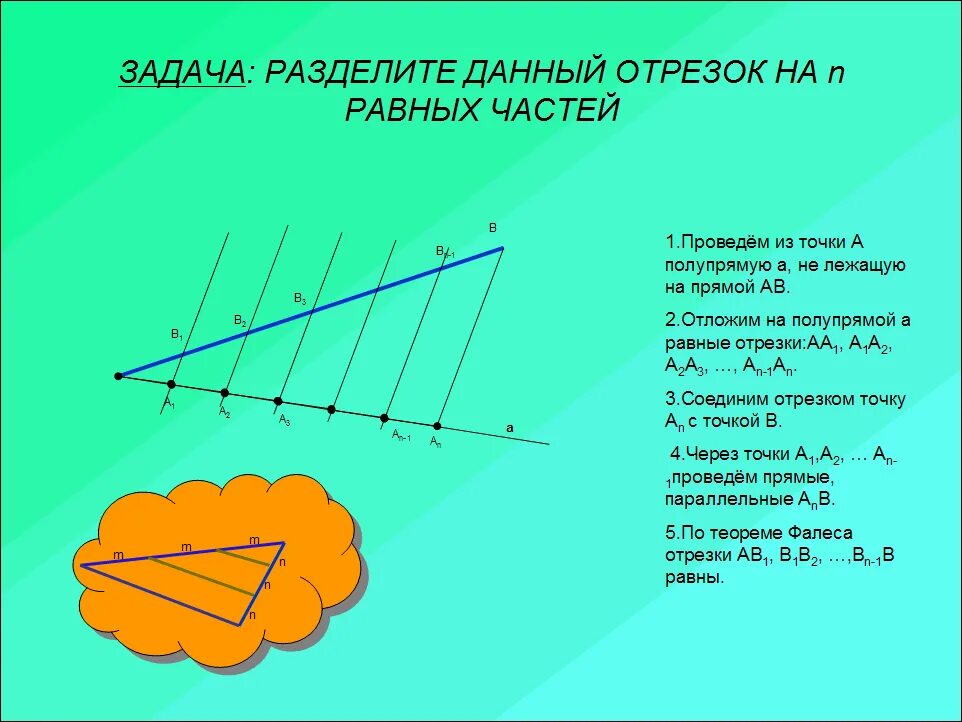 Теорема фалеса рисунок. Теорема Фалеса деление отрезка на n равных частей. Теорема Фалеса 8 класс. Теорема Фалеса формулировка 8 класс. Теорема Фалеса решение.