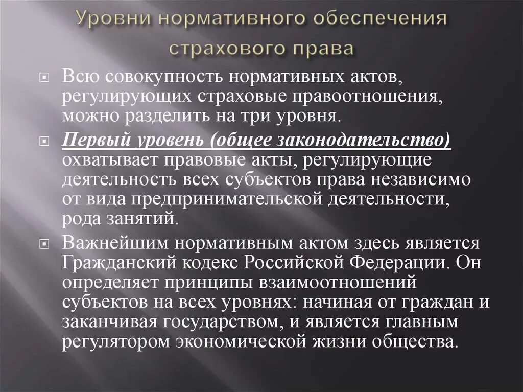 3 уровня законодательства. Правовые основы страхового дела. Уровни нормативных актов. Уровни правового обеспечения в страховании.