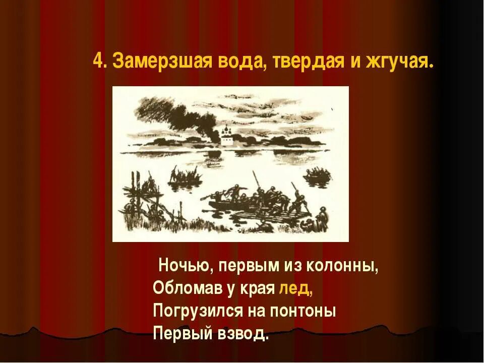 Погрузился на понтоны первый взвод. Ночью первым из колонны обломав у края лёд. Переправа Теркин.