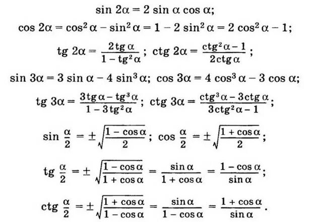 Формула двойного угла синуса и косинуса. Формулы двойного и половинного угла. Формулы двойного тройного и половинного угла. Формулы для двойных и половинных углов для синуса, косинуса, тангенса. Формулы тригонометрические функции угла