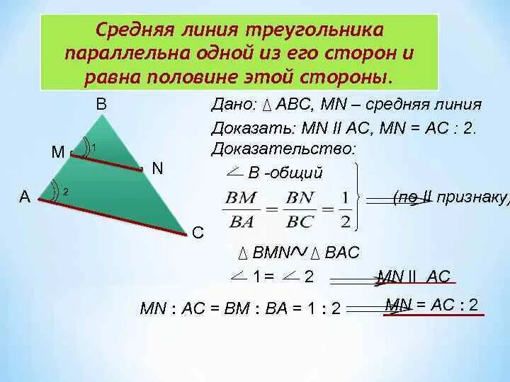 Средняя линия в подобных треугольниках. В треугольнике АВС мн средняя линия. Средняя линия треугольника. Средняя линиятругольниа. Средняя линия треугольника параллельна стороне треугольника и равна.