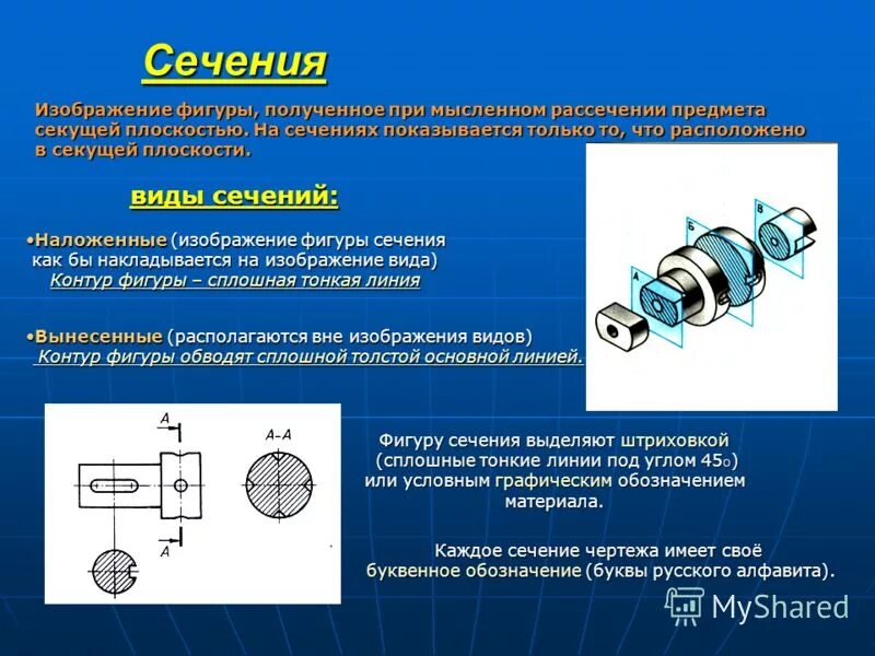 Какие выделяют сечения. Обозначение сечения. Живое сечение обозначается буквой. Как изображается сечение. Как выделяют сечения.