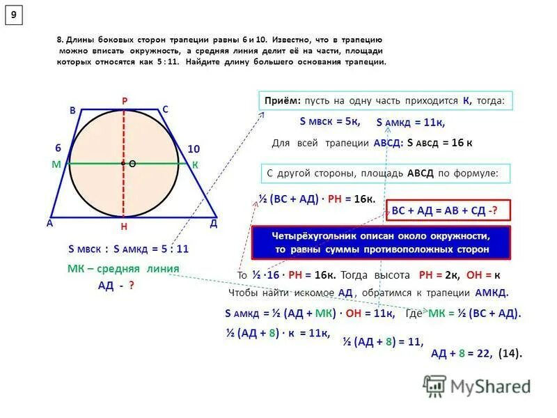 10 известно что чему равен. Средняя линия трапеции вписанной в окружность. Задачи на трапецию вписанную в окружность. Средняя линия трапеции в которую вписана окружность. Периметр трапеции вписанной в окружность.