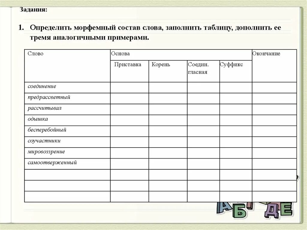 Состав слова заполнивших. Определить морфемный состав слова заполнить таблицу. Заполни словами таблицу. Определить морфемный состав слова. Состав слова заполни таблицу.