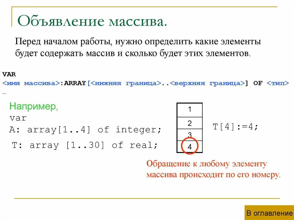 Опишите данный массив. Способы заполнения массива. Объявление массива. Описание массива. Какие элементы массива подходят.