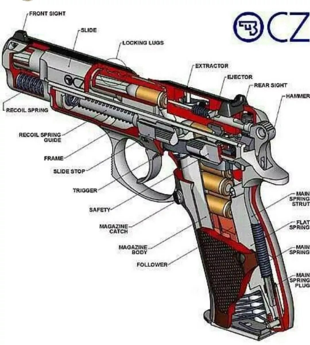 Основные составные части оружия. Строение пистолета cz-75. Схема пистолета cz-75.