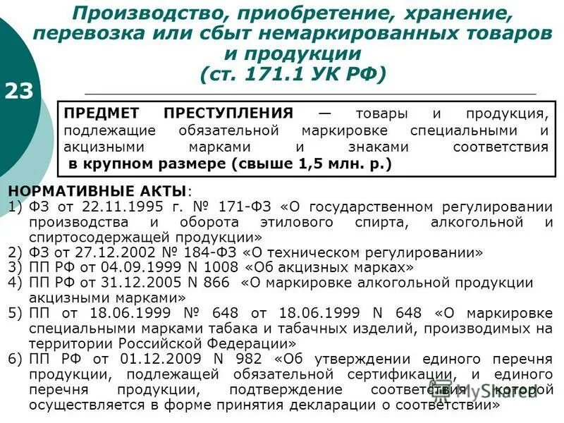 Ооо ук рф. Сбыт немаркированных товаров. Ст 171 УК РФ. Ст 171.1 уголовного кодекса. Производство, приобретение, хранение, перевозку или сбыт.