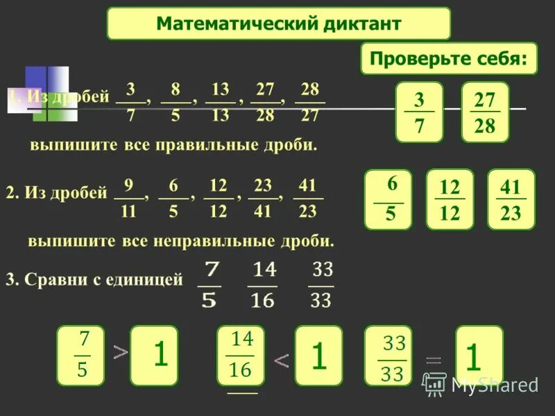 Сравнение правильных и неправильных дробей с единицей. Сравнивание правильных и неправильных дробей с единицей.. Дроби правильные и неправильные математический диктант. Выписать все правильные дроби.