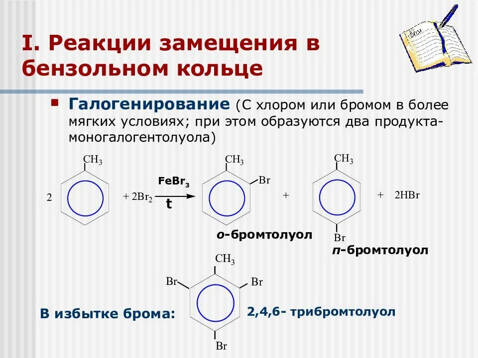 Реакция толуола с бромом. Реакция галогенирования толуола в бензольное кольцо:. Бензольное кольцо химические реакции. Бензол и гомологи бензола химические свойства. Химические свойства бензола реакция замещения.
