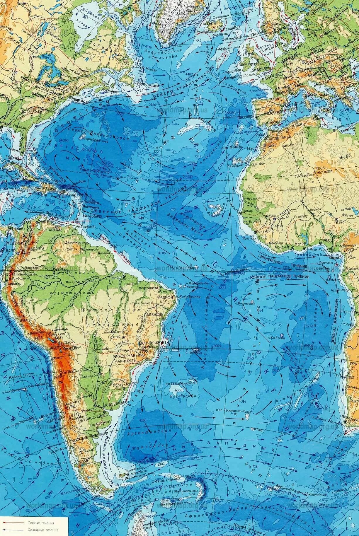 Крупнейшее море атлантического океана. Атлантический океан на карте. Физическая карта Атлантического океана подробная. Северная Атлантика физическая карта. Карта Атлантического океана подробная.