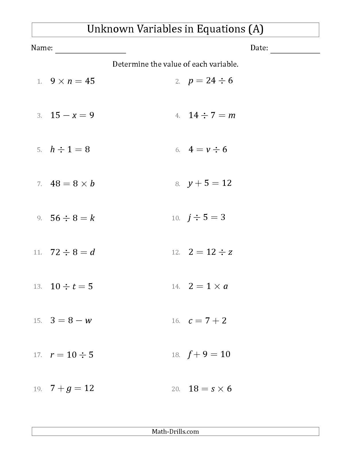 Variables unknown. Equations Math Worksheet. Linear equations Worksheet. Worksheets Algebra. Linear equations Worksheet Grade 6 Math Drills.