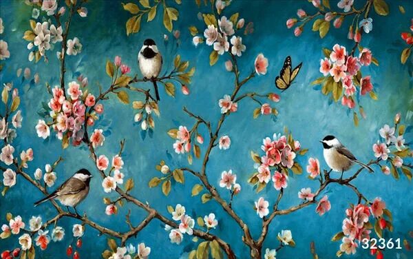 Blossom 3. Птицы цветы диптих. Фреска птицы на ветках. Фотообои с птицами. Роспись стен Магнолия птицы бабочки.