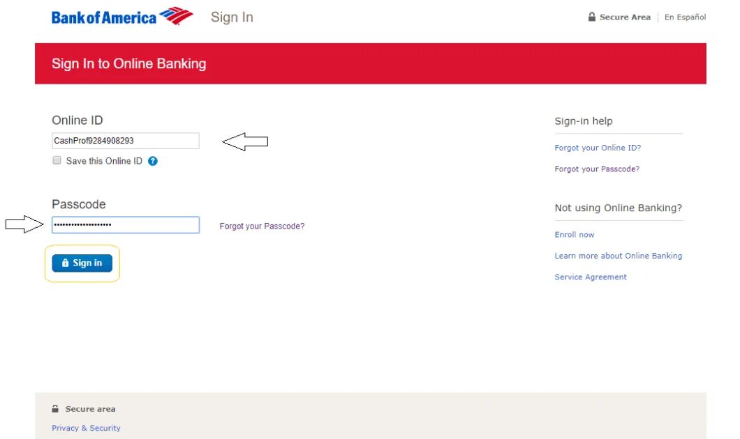 Bank of America login. Login user id