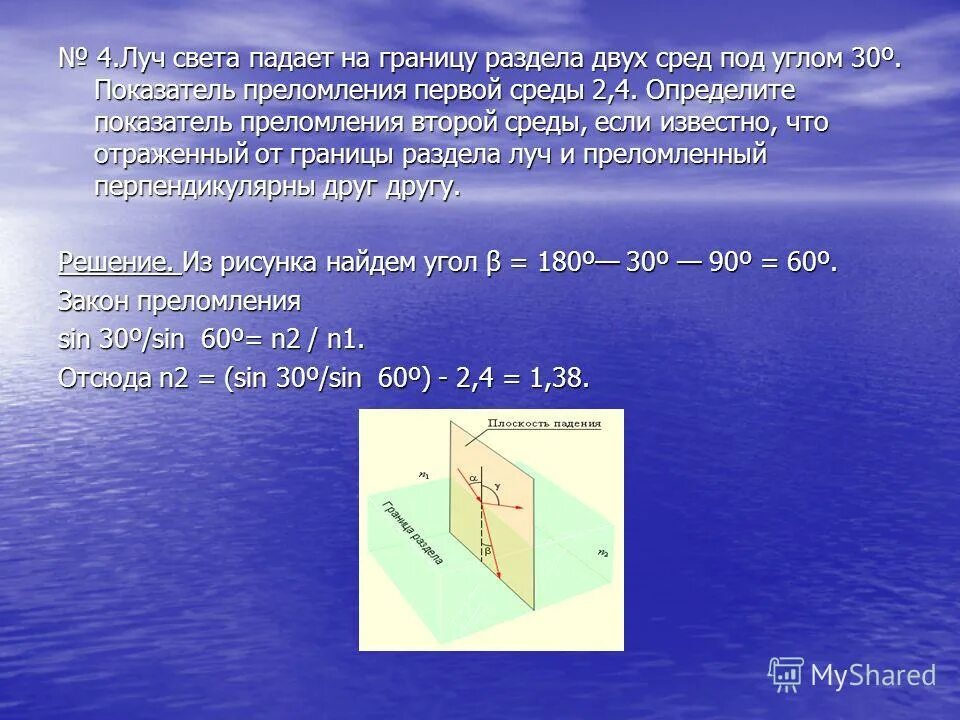 Показатель преломления скипидара относительно воды. Луч света падает на границу двух сред. Луч падает на границу раздела. Луч падает на границу раздела двух сред. Луч света падает на границу разделения двух сред под углом 30.