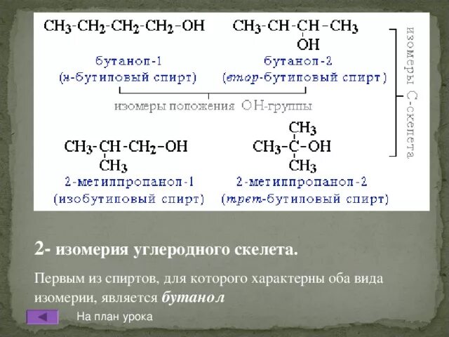 Изомерия углеродного скелета спиртов. Изомеры бутанола. Бутанол 2 изомерия углеродного скелета. Изомерия спиртов углеродного скелета бутанол. Типы изомерии спиртов