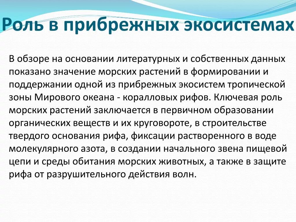 Описание роли в экосистеме. Значение экосистемы. Прибрежные экосистемы характеристика. Значимость морских экосистем. Вывод об устойчивости экосистемы тропиков.