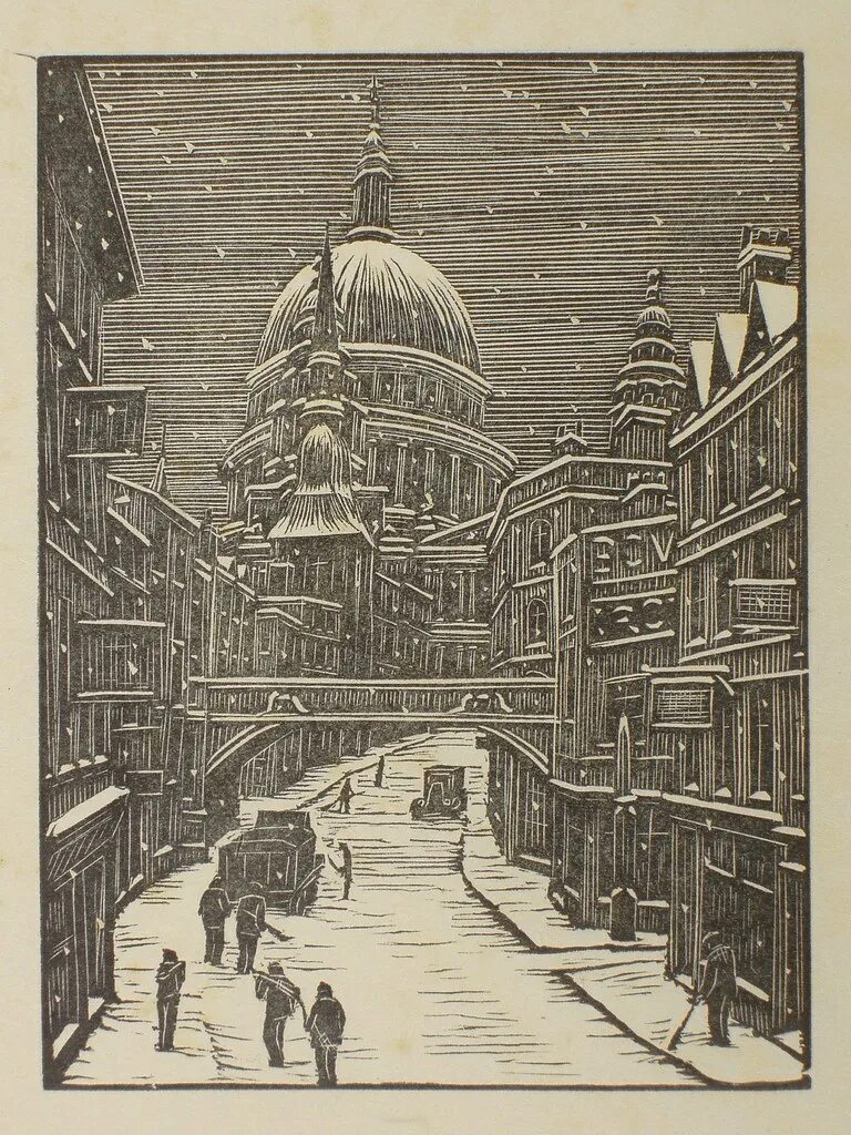 Ладгейт Хилл Лондон. Линогравюра Лондон. Иллюстрации 1939. Гравюра пейзаж 17 век Лондон.