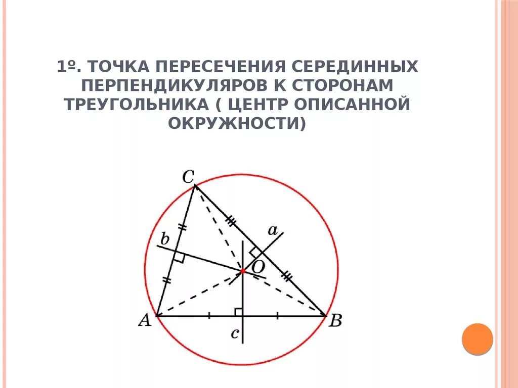 Точка пересечения серединных перпендикуляров. Пересечение серединных перпендикуляров. Точка пересечения описанной окружности. Центр треугольника это точка пересечения.