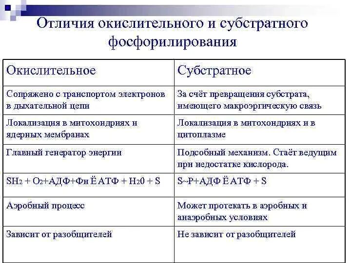 Субстратное атф. Отличие окислительного фосфорилирования от субстратного. Окислительное фосфорилирование таблица. Окислительное и субстратное фосфорилирование сравнение. Чем окислительное фосфорилирование отличается от субстратного.