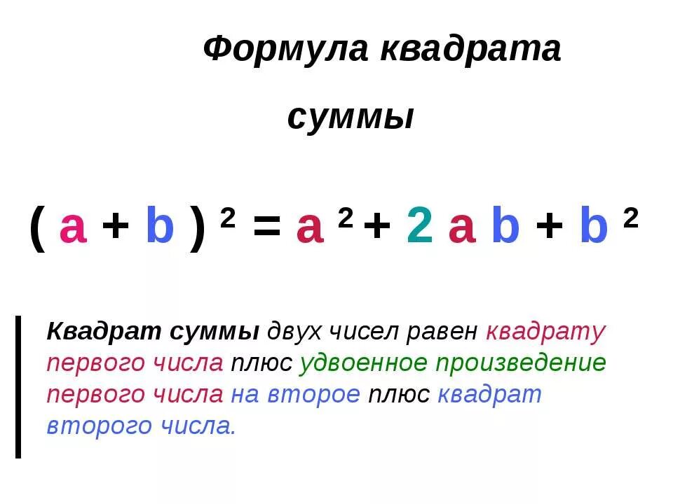 Квадрат суммы больше произведения. Формула квадрата разности и суммы. Сумма квадратов 2 чисел формула. Формулы квадрата суммы и квадрата разности. Формулировка квадрата суммы двух чисел.