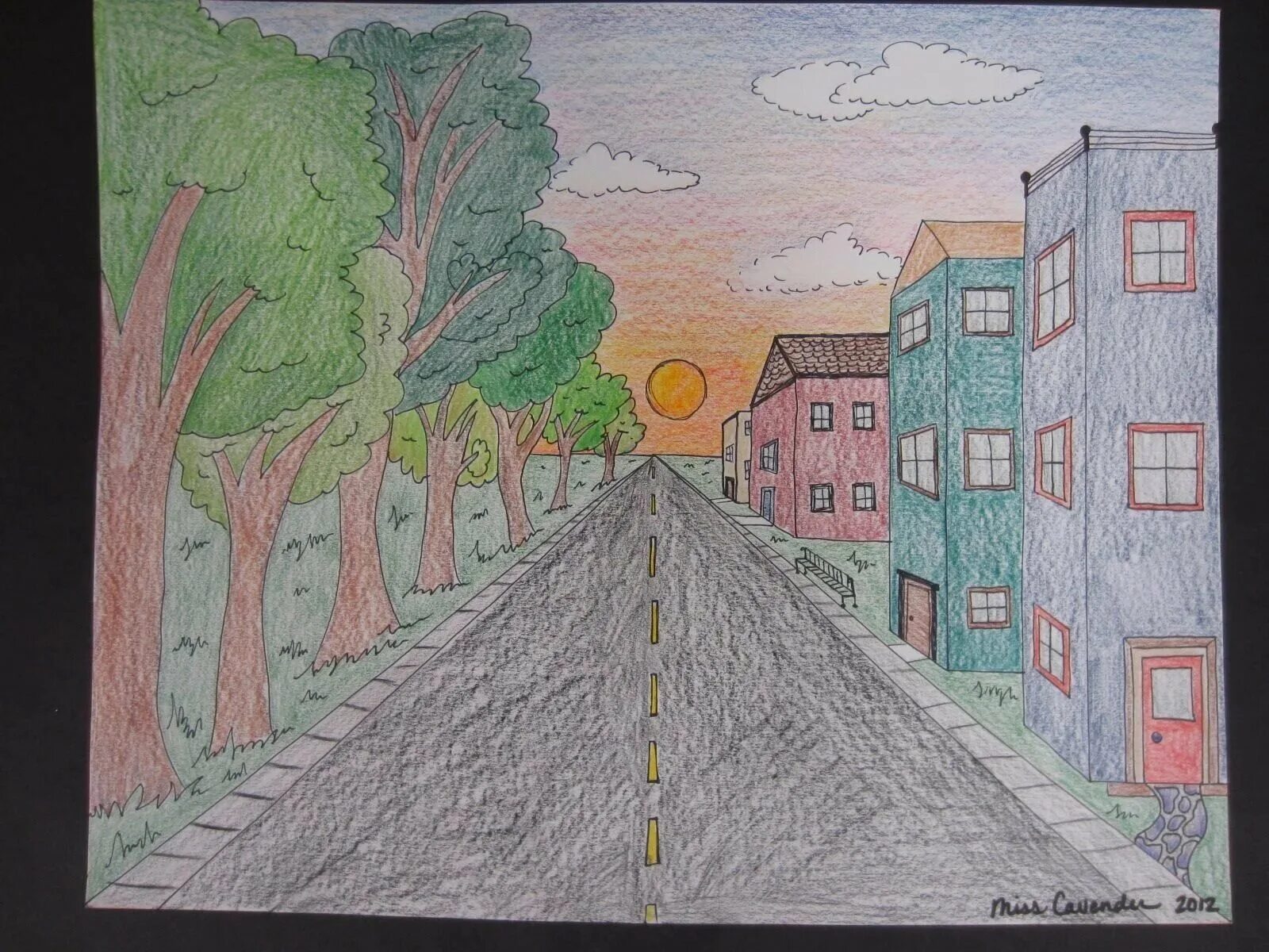 Легкие рисунки улицы. Пейзаж города линейная перспектива. Перспектива рисунок. Линейная перспектива для детей. Городской пейзаж цветными карандашами.