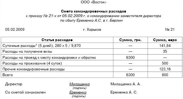 Командировочных расходах образец