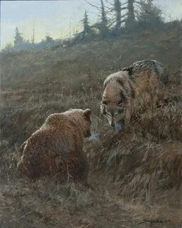 Нападающий на медведя волк