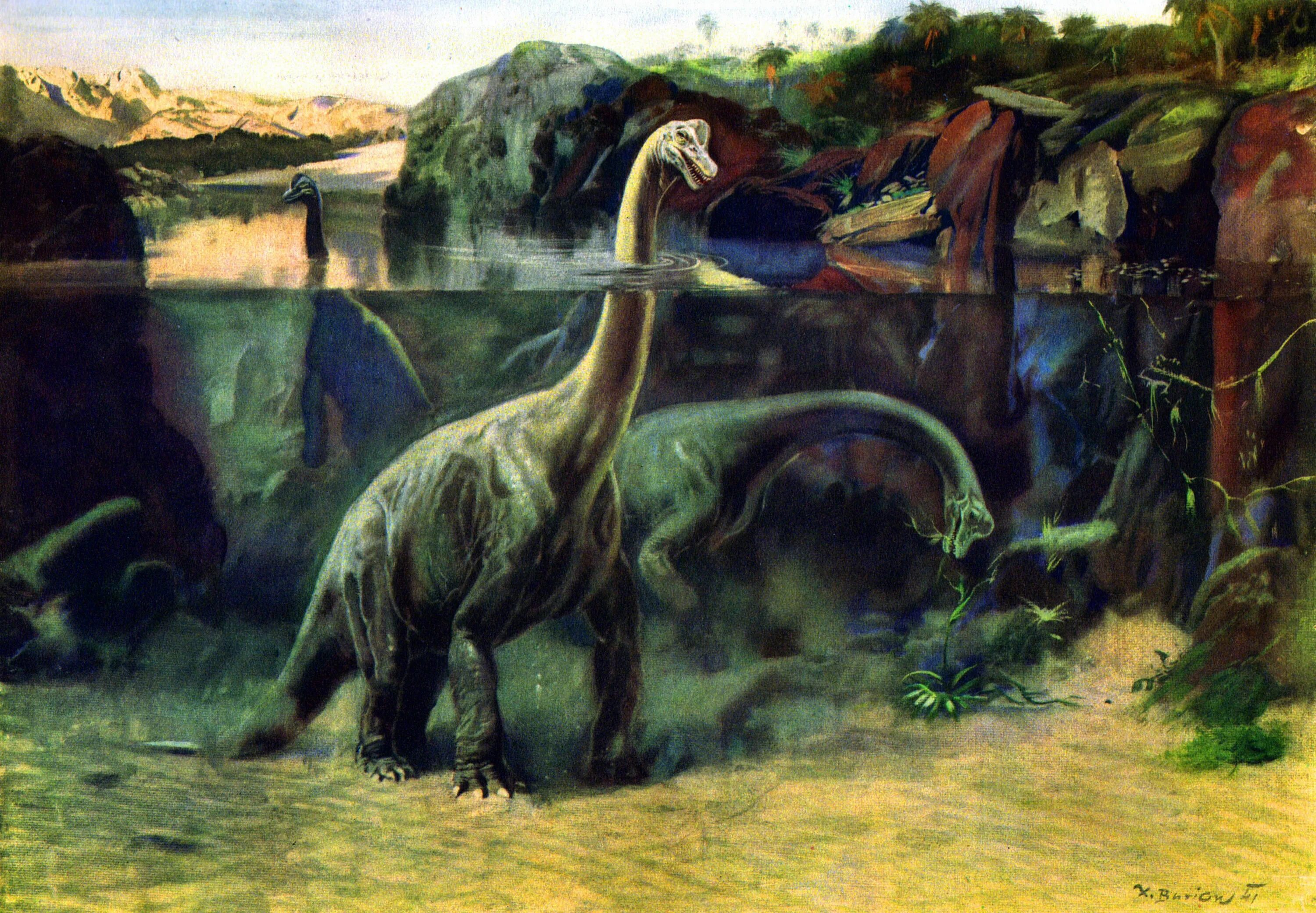 Люди мезозойской эры. Зденек Буриан Брахиозавры. Палеохудожник Зденек Буриан. Буриан Гадрозавр. Зденек Буриан динозавры.