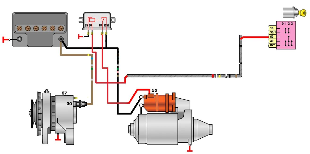 Подключение электростартера. Схема включения стартера ВАЗ 2101. Схема подключения стартера ВАЗ 2106. Схема соединения стартера ВАЗ 2101. Схема подключения реле стартера ВАЗ 2101.