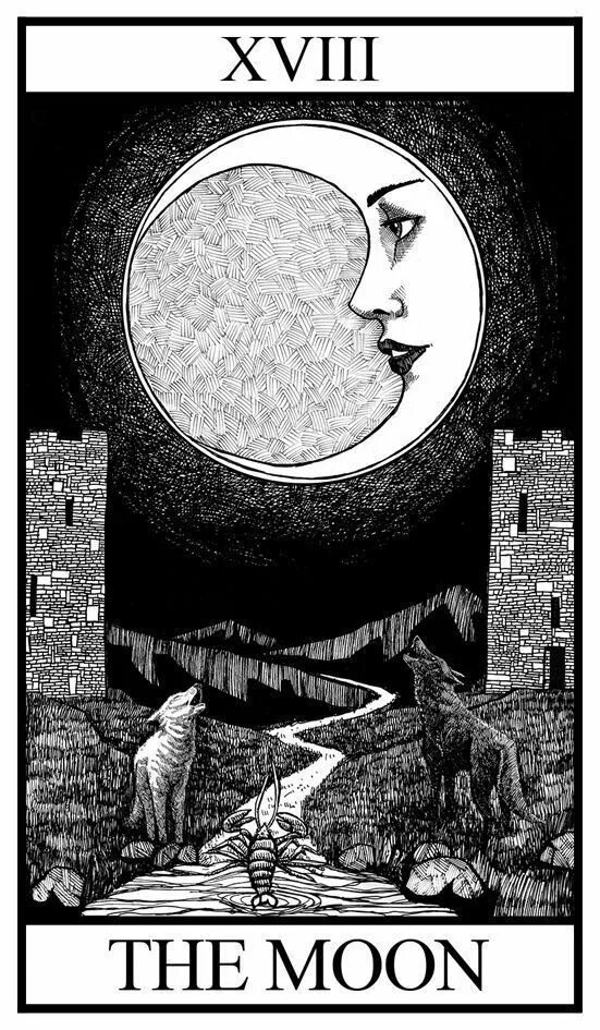 La luna falsa читать. Аркан Луна Таро. Таро the Moon 18. Луна Таро Уэйта. Бианко Неро Таро Луна.