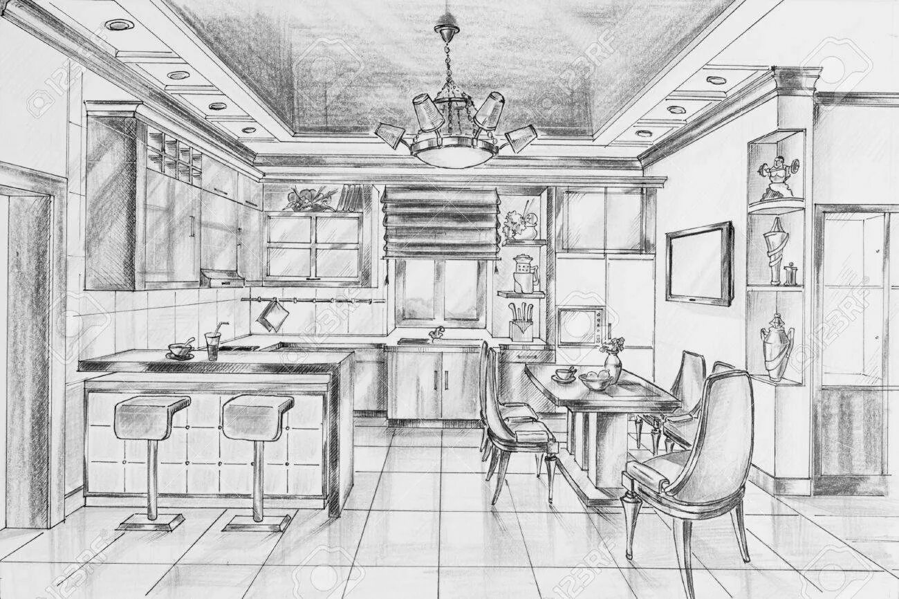 Нарисовать интерьер. Эскиз кухни. эскиз интерьера кухни. интерьеры кухни наброски. кухня рисунок.
