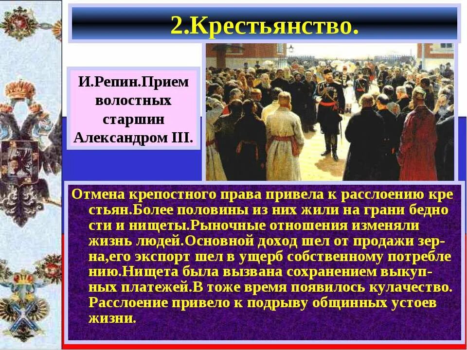 Что относится к крепостному праву. Репин прием Волостных старшин. Репин приём Волостных старшин Александром 3. Крестьяне при Александре 3.