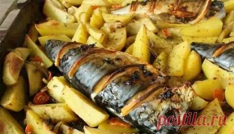Скумбрия с картошкой и луком в духовке