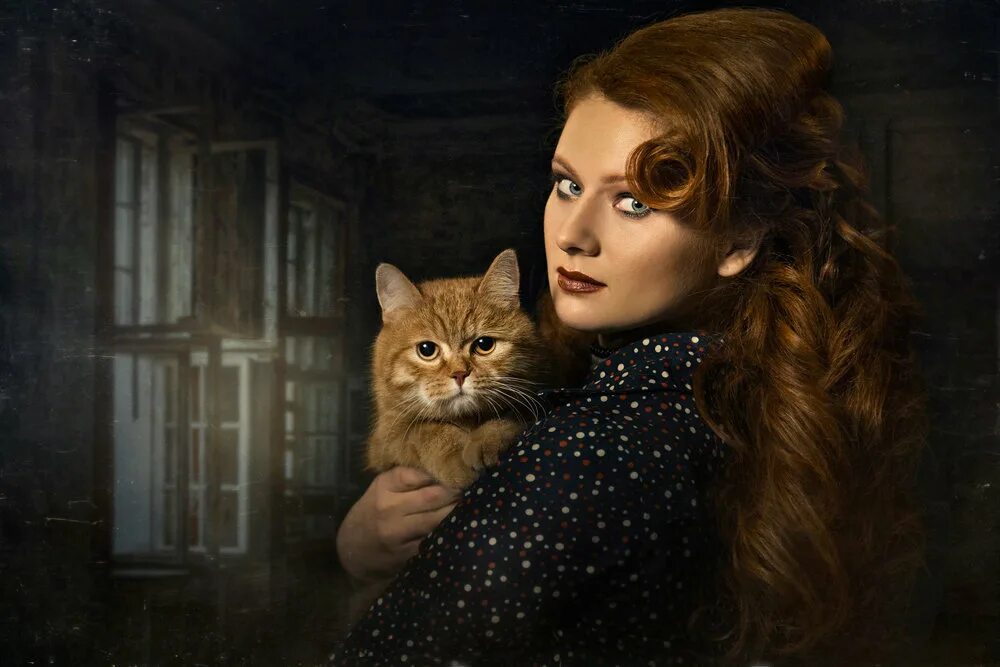 фотохудожник олег ярунин. девушка с рыжим котом. девочка с котятами. олег ярунин девочка с котом. рыжий котенок девочка.